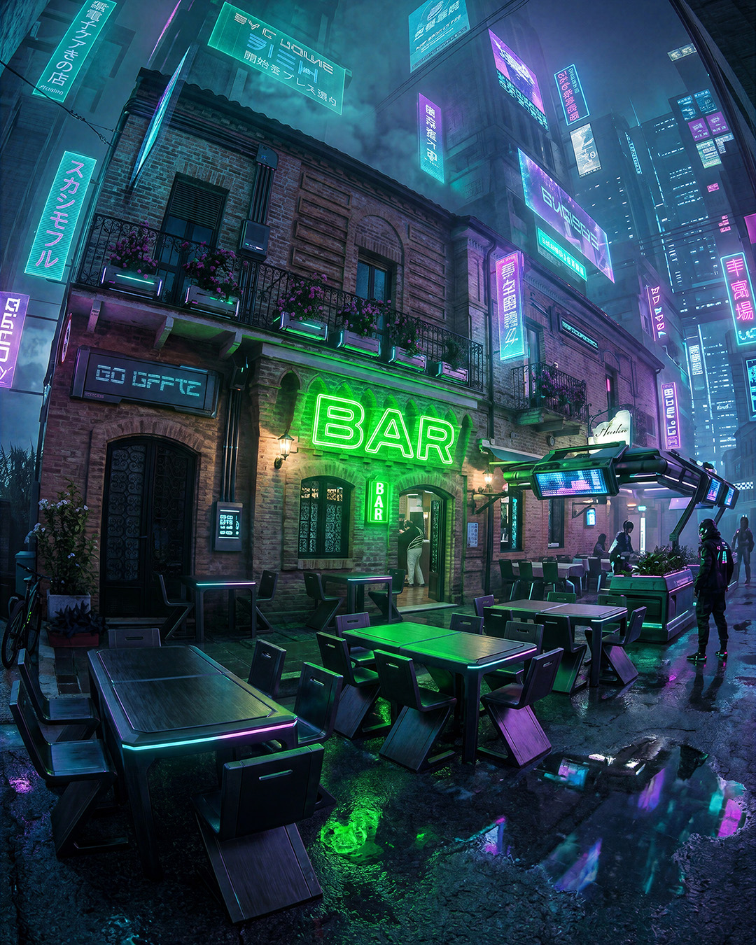 Neonbar: Eine Bar glüht im Regen der Zukunft, zwischen alten Mauern, nassem Asphalt und flackernden Zeichen.
