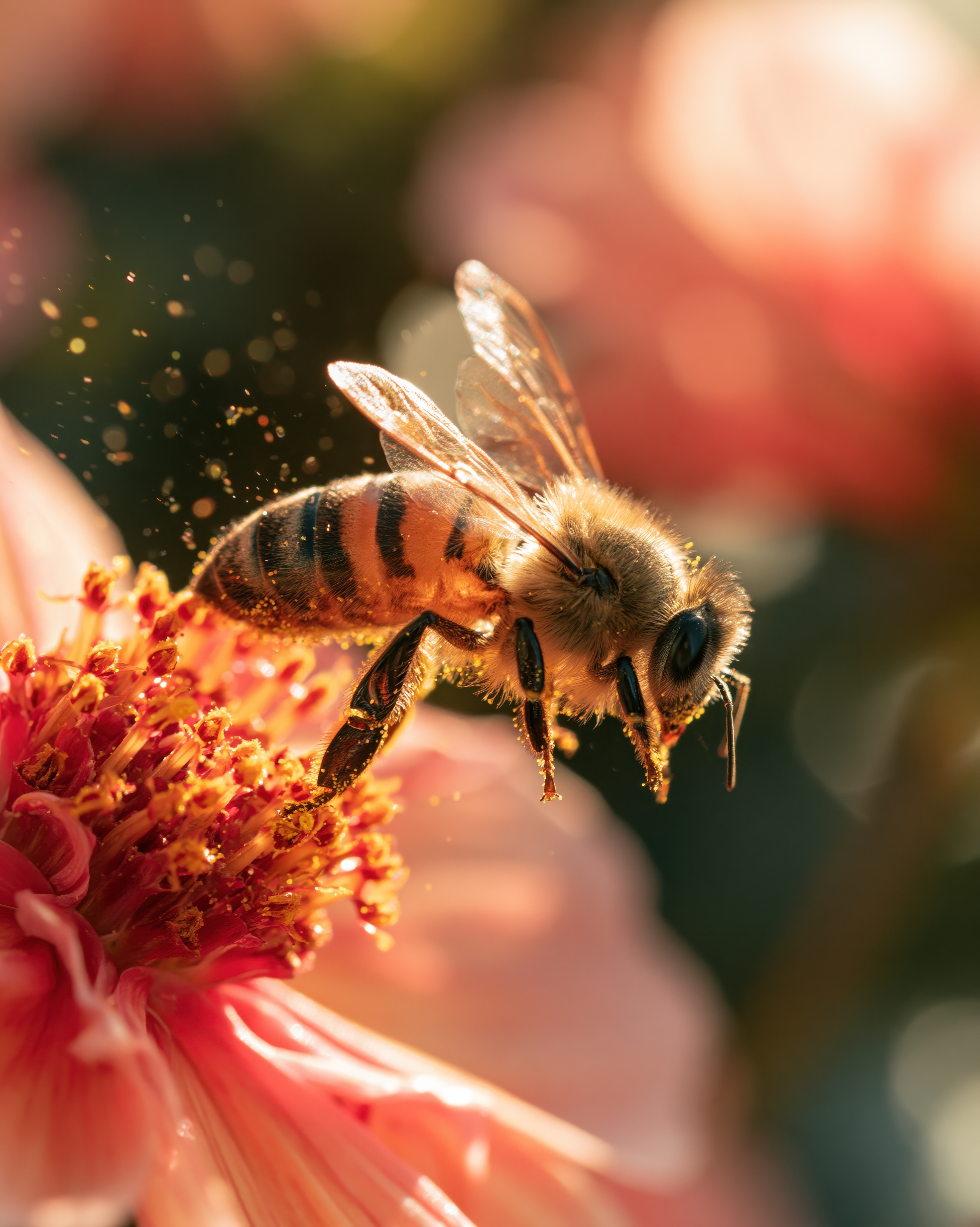 Nektar: Die Biene taucht in warmes Blütenlicht, während Pollen wie goldener Staub durch die Luft zieht.
