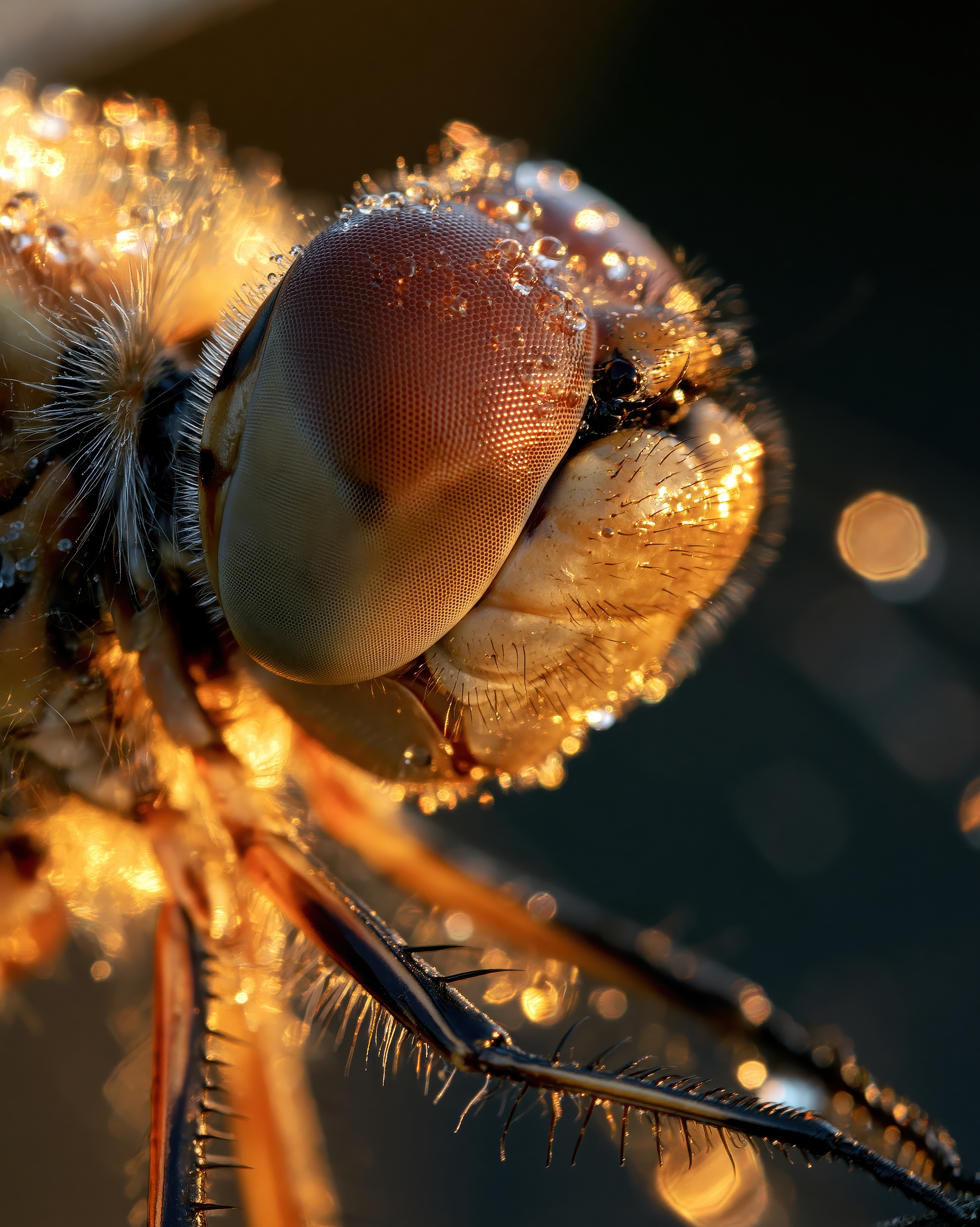 Facette: Das Auge der Libelle zerlegt die Welt in winzige Felder aus Gold, Tau und Wachsamkeit.