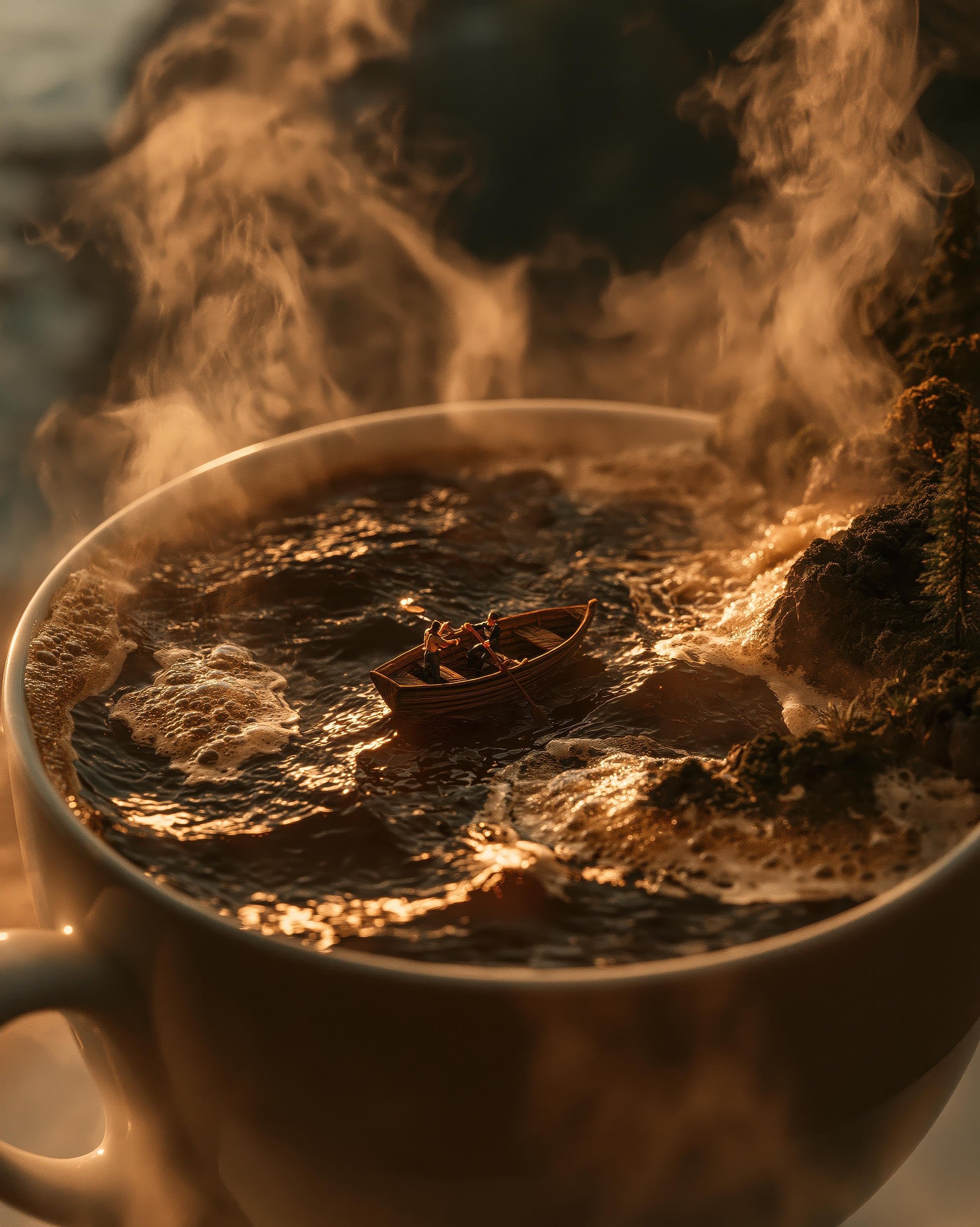 Dampfsee: Ein Boot treibt über dunklen Kaffee, während Dampf wie Morgennebel über Ufern aus Kaffeesatz steht.