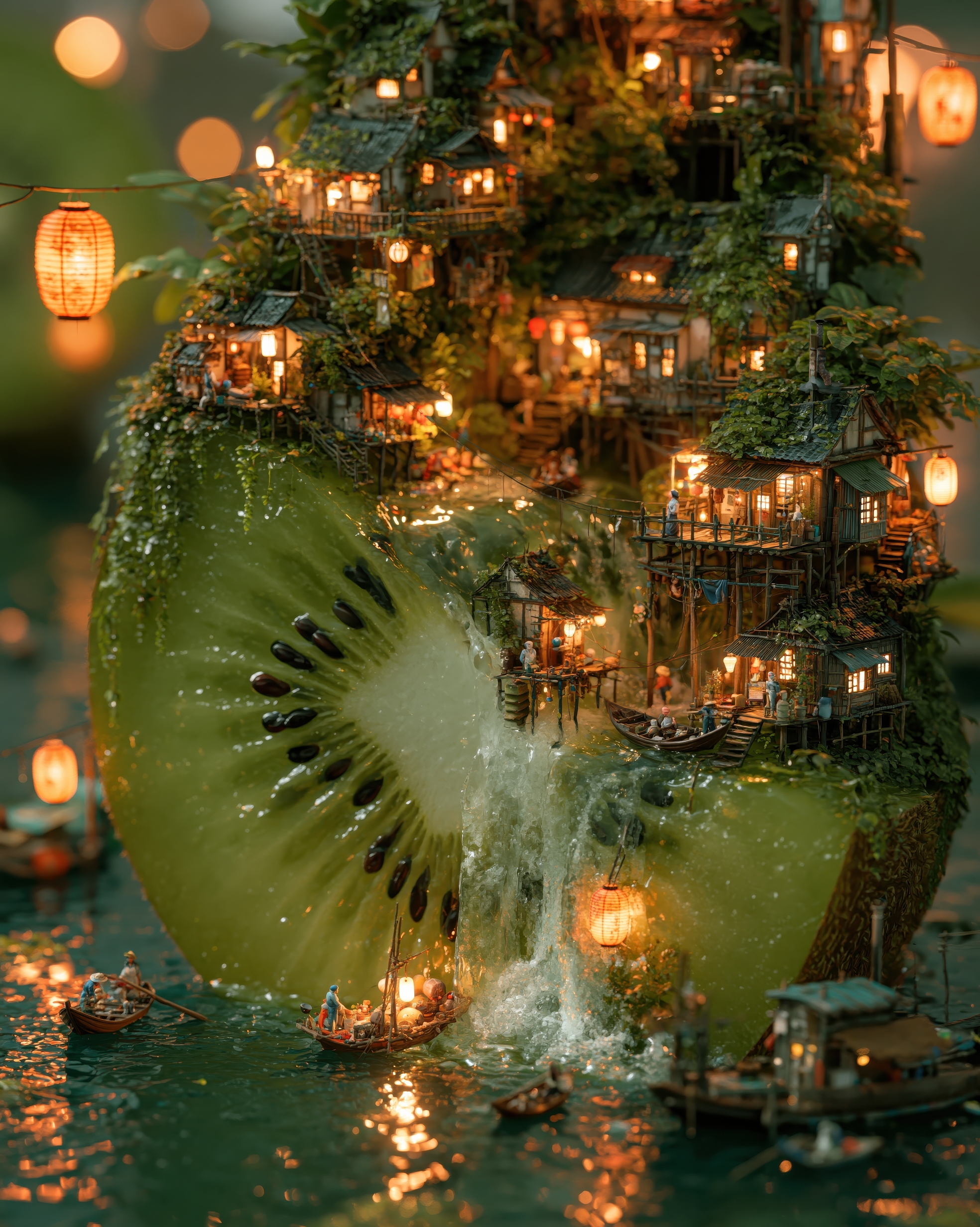 Laternen: Auf einer Kiwi wächst ein leuchtendes Dorf, dessen Stege und Boote im grünen Wasser der Frucht treiben.