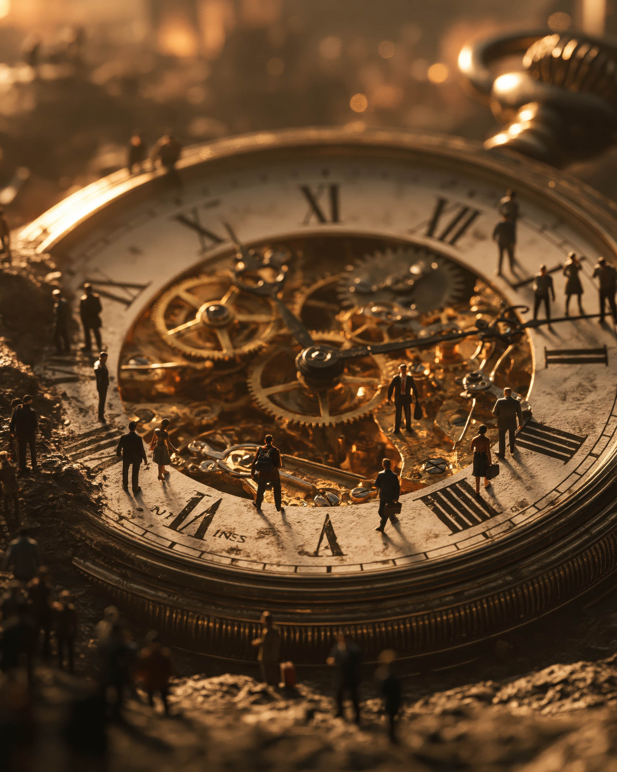 Zeitkreis: Menschen wandern über ein Uhrwerk, als wäre jede Minute ein Platz aus Gold, Schatten und Staub.