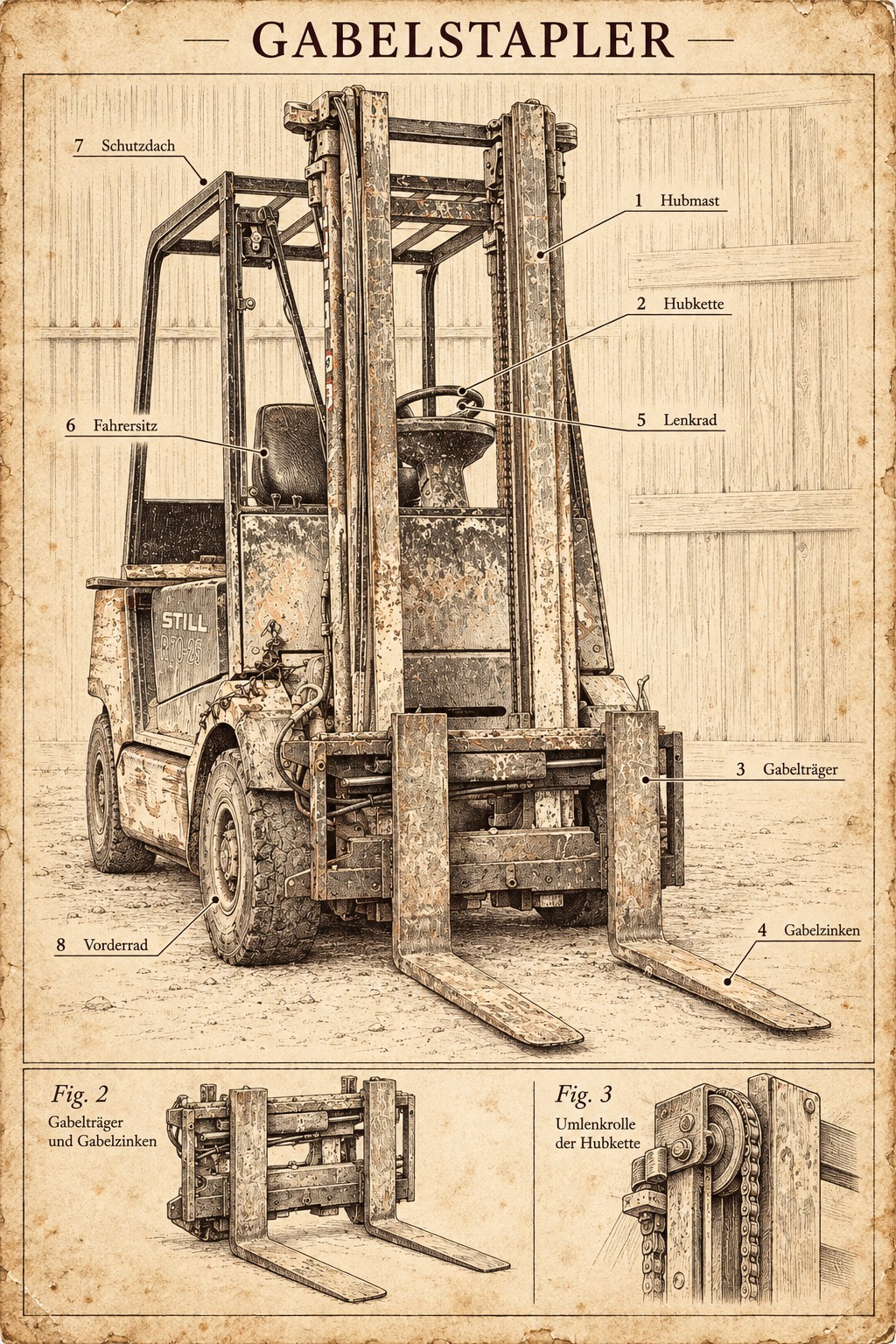 Hubmast: Ein rostiger Gabelstapler vor einem Holztor als Vintage-Patentzeichnung mit Hubmast, Hubkette und Gabelzinken.