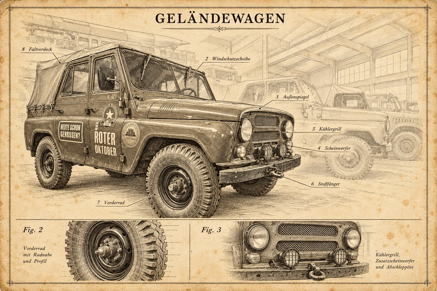 Faltverdeck: Ein alter Geländewagen mit Faltverdeck in einer Halle als Vintage-Patentzeichnung mit Kühlergrill, Scheinwerfer und Vorderrad.