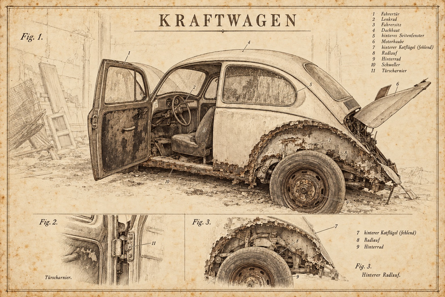 Rostkäfer: Ein alter VW Käfer mit offener Fahrertür und rostigem Radlauf als Vintage-Patentzeichnung mit nummerierten Bauteilen.