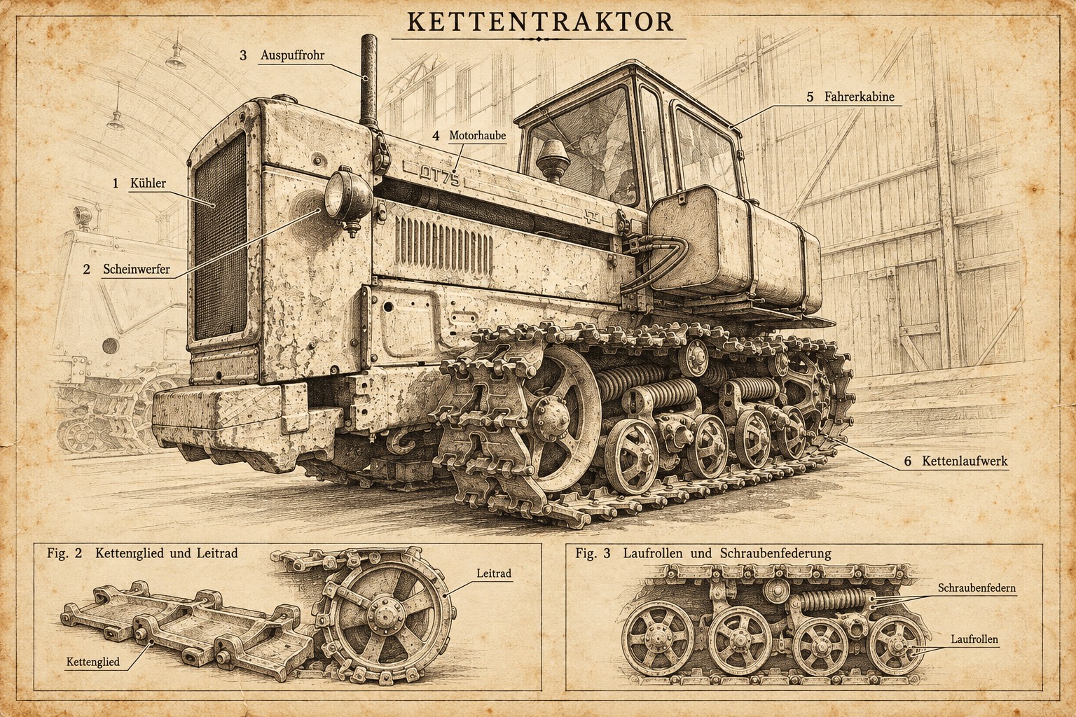 Kettenlauf: Ein alter Kettentraktor in einer Halle als technische Zeichnung mit Kettenlaufwerk, Laufrollen und Leitrad.