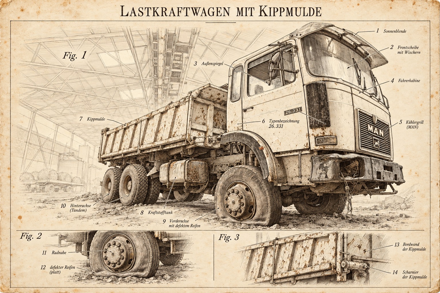 Kippmulde: Ein rostiger MAN-Lastwagen mit Kippmulde und plattem Reifen in einer Werkhalle als Vintage-Patentzeichnung.