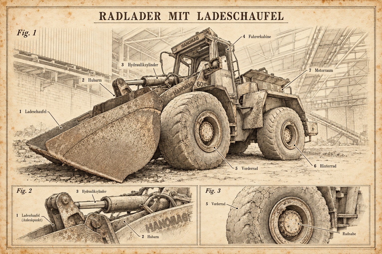 Ladeschaufel: Ein alter Hanomag-Radlader mit Ladeschaufel als technische Zeichnung mit Hydraulikzylinder, Hubarm und Radnabe.