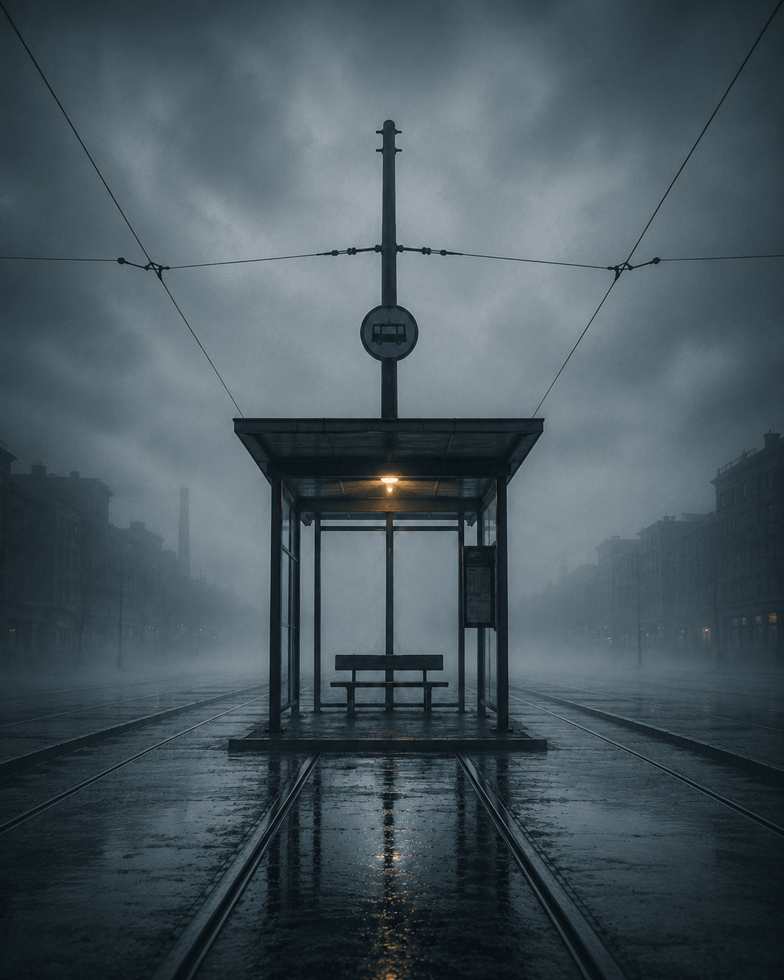 Verlassene Straßenbahn-Haltestelle mit warmem Licht im cyan-grauen Nebel