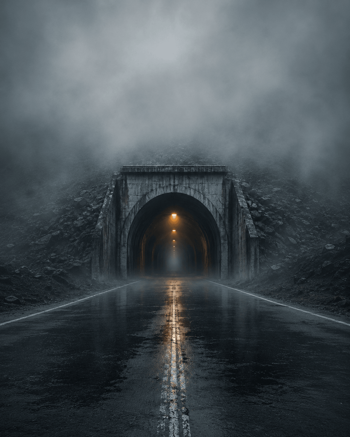 Dunkler Tunneleingang im Nebel mit warmem Licht im Inneren