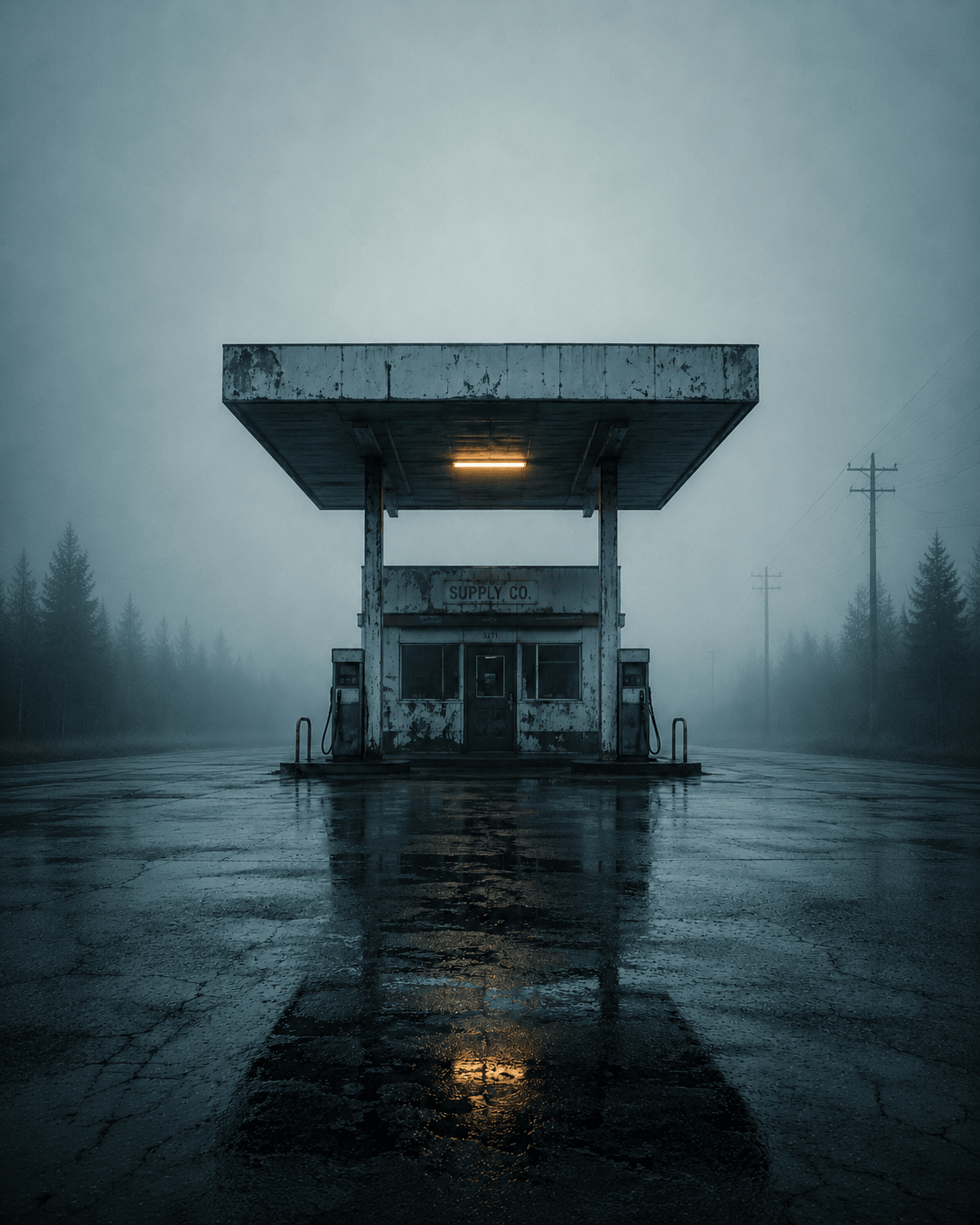 Verlassene alte Tankstelle im Regen aus der Serie Silent Structures