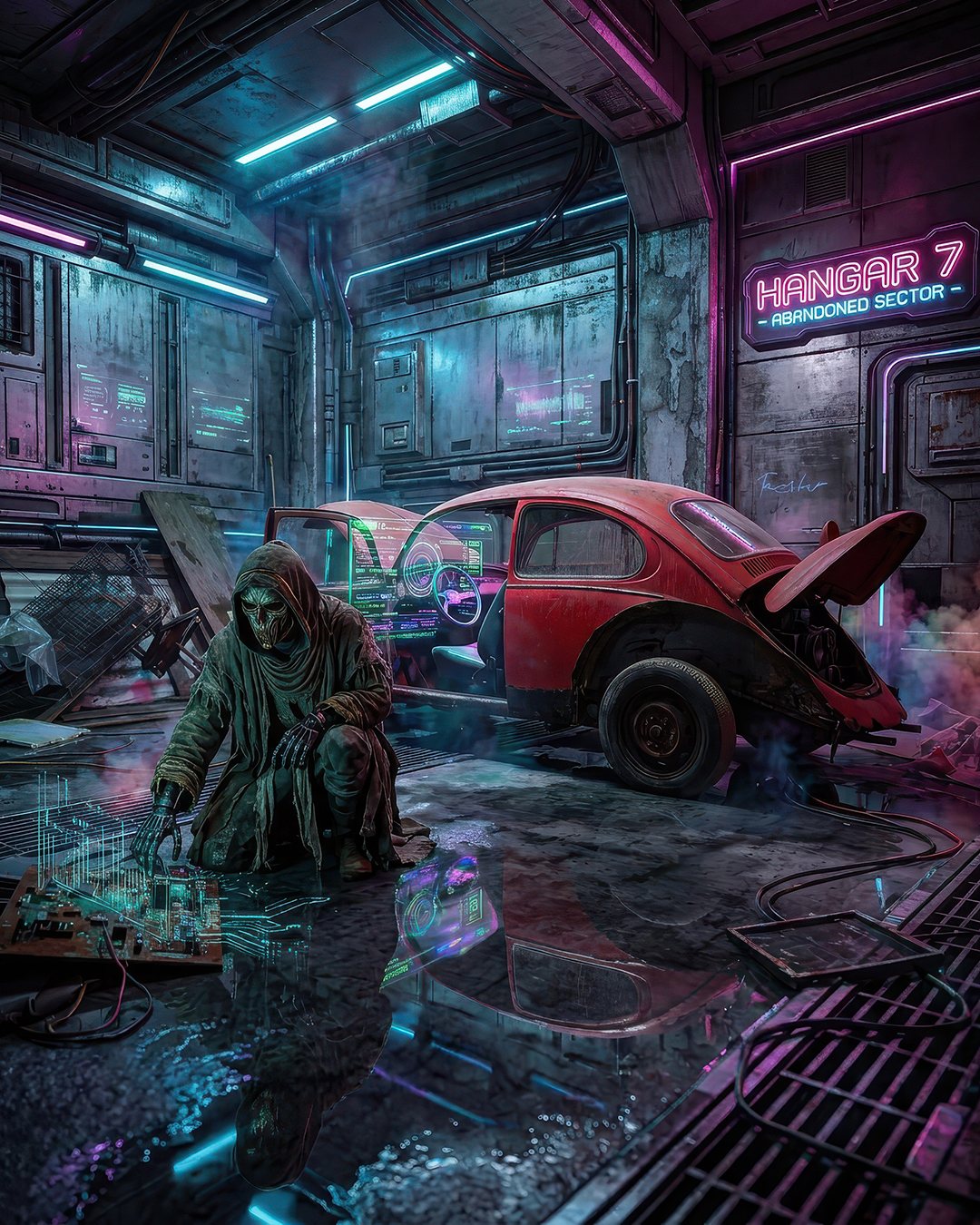 Cyberpunk-Hangar mit Neonlicht, nassem Boden und einem roten Käfer-Wrack
