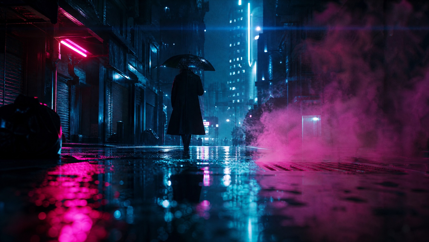 Regennasse Neonstraße bei Nacht mit Spiegelungen in Pfützen und einer einzelnen Figur mit Regenschirm aus der Froschperspektive