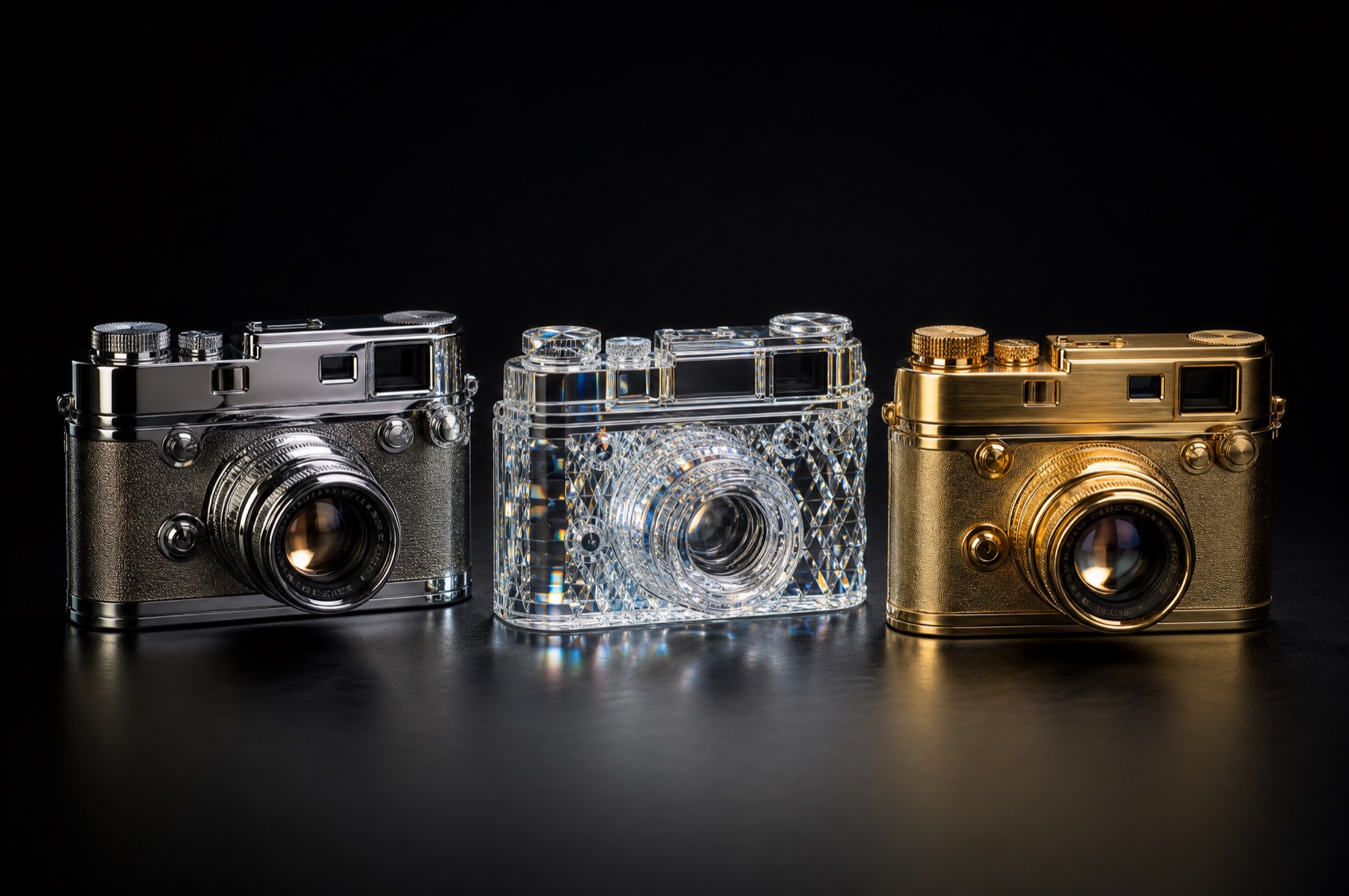 Drei identische Vintage-Kameras nebeneinander, eine aus poliertem Chrom, eine aus transparentem Kristall, eine aus gebürstetem Gold