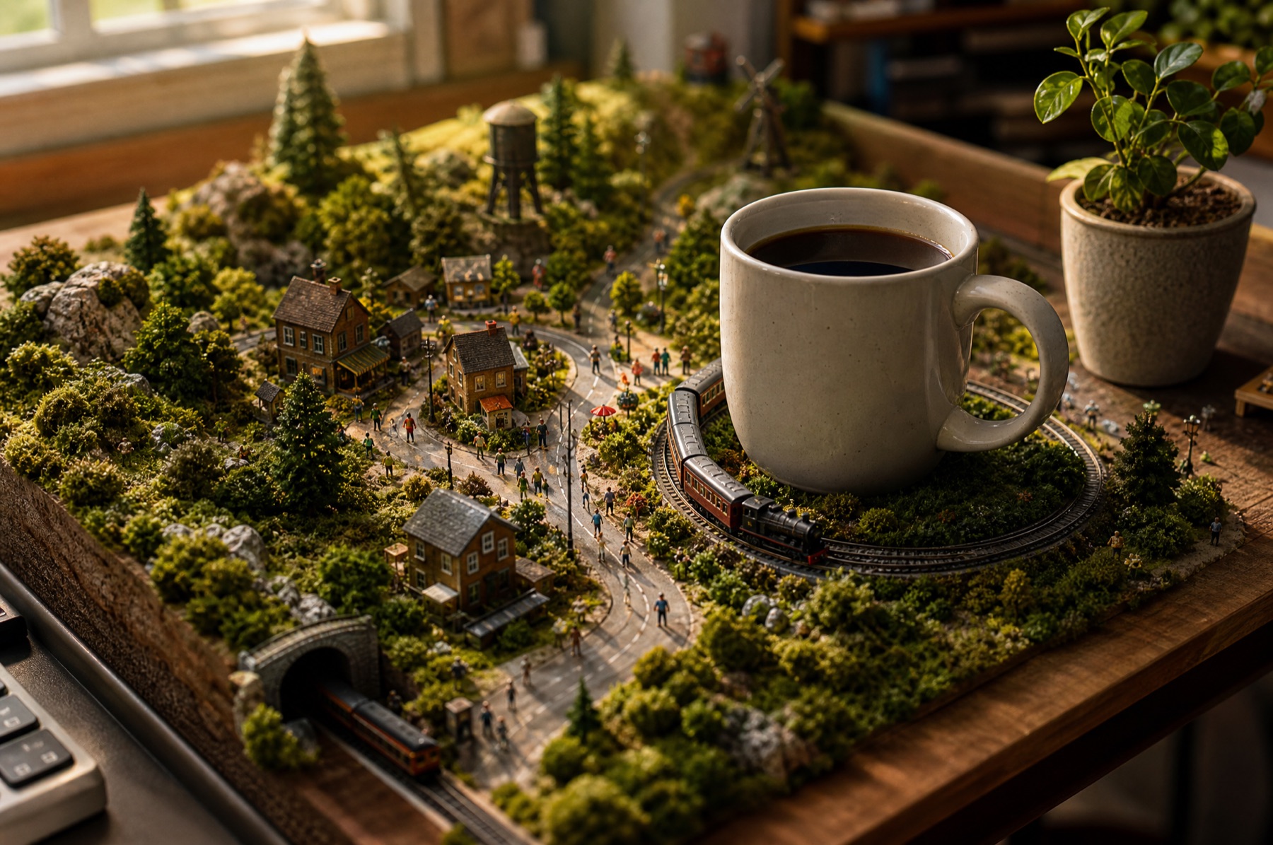 Ein Schreibtisch mit Kaffeetasse, dessen Oberfläche zu einer detailreichen Miniaturwelt mit winzigen Menschen und einer kleinen Eisenbahn geworden ist