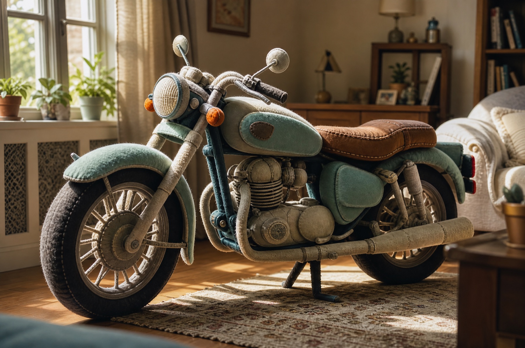 Ein Motorrad in Originalgröße in einem sonnigen Wohnzimmer, komplett aus weichem Plüschstoff mit sichtbaren Nähten gefertigt