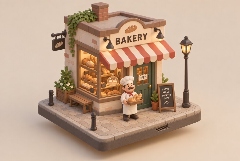 Winzige Eckbäckerei mit gestreifter Markise und Bäcker davor als schwebendes Knet-Diorama in isometrischer Ansicht