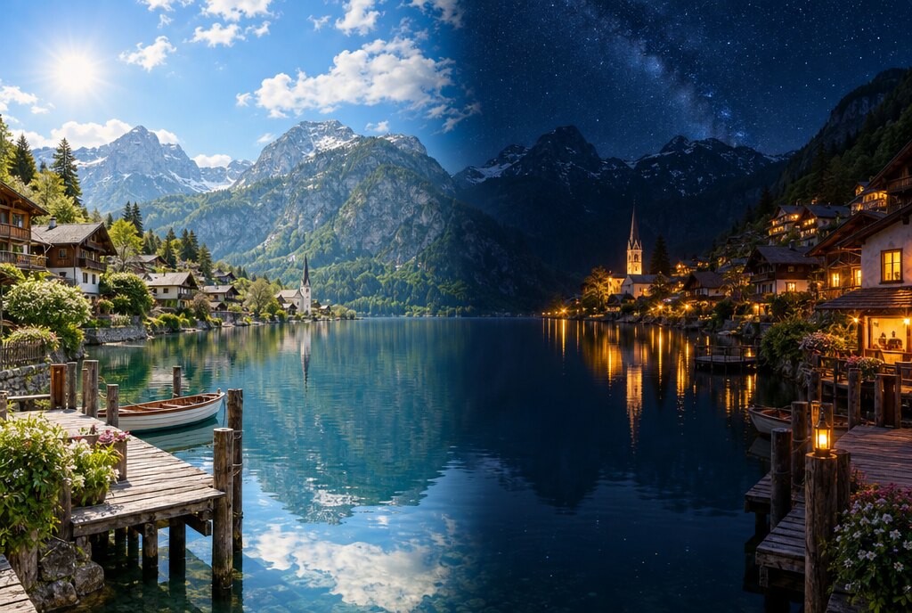 Bergsee-Dorf mit Holzhäusern, links sonniger Tag, rechts Sternennacht mit warm beleuchteten Fenstern, in einem durchgehenden Bild