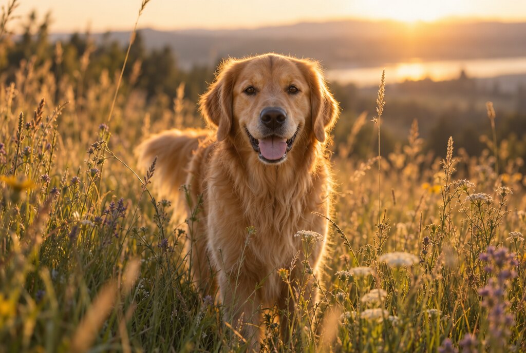 Goldener Retriever in einer Blumenwiese im warmen Gegenlicht der tiefstehenden Sonne, das Fell leuchtet am Rand