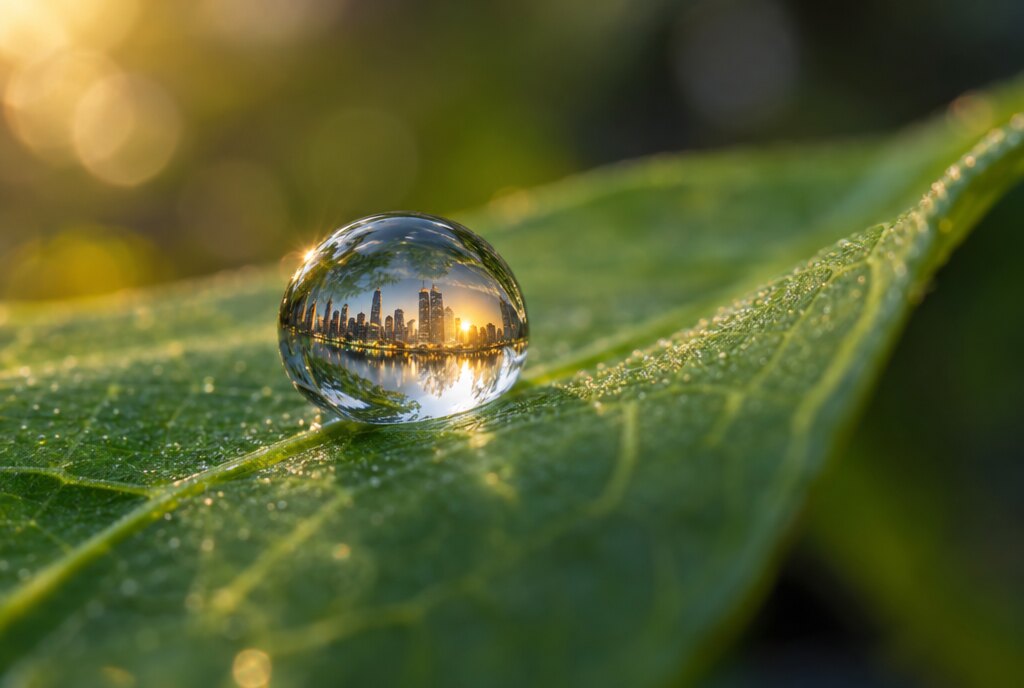 Makroaufnahme eines Wassertropfens auf einem grünen Blatt, in dem sich eine leuchtende Skyline spiegelt