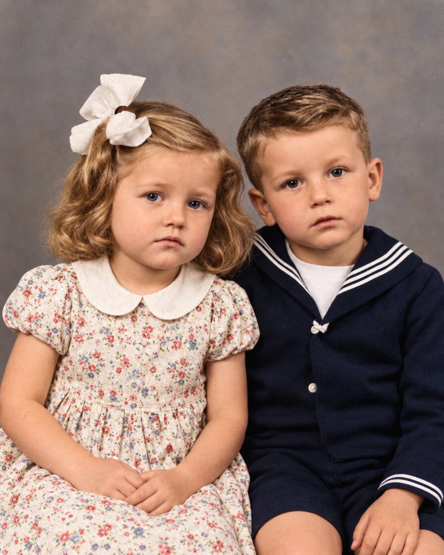 Restauriertes Farbfoto zweier Kinder: Mädchen mit weißer Schleife, Junge im Matrosenanzug