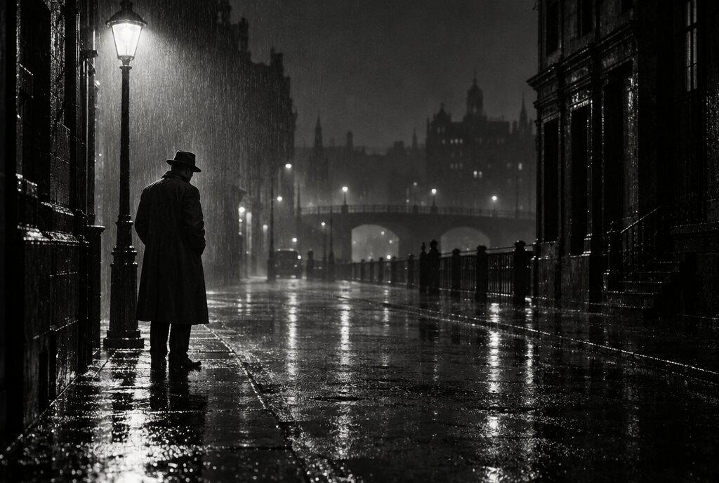 Schwarzweißbild eines Detektivs im Trenchcoat unter einer Straßenlaterne in einer regennassen Nacht