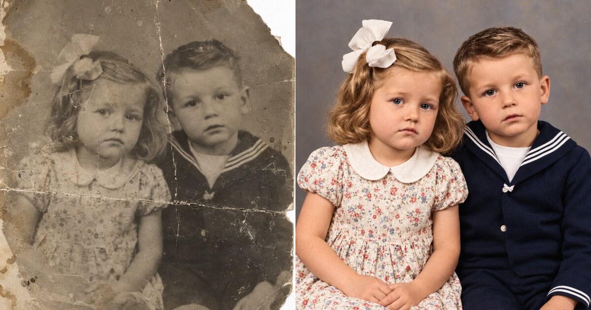 Vorschaubild: links ein zerkratztes altes Foto zweier Kinder, rechts dasselbe Foto restauriert in Farbe