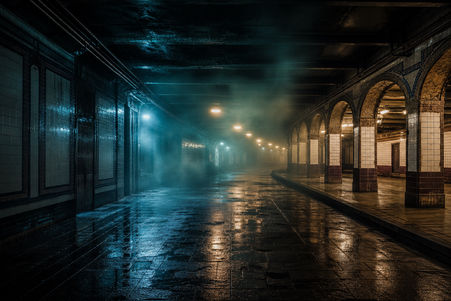 Cinematischer U-Bahnhof als visuelle Metapher für den Vergleich verschiedener KI-Bildgeneratoren