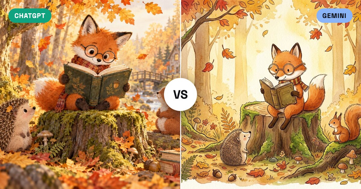 Ein Fuchs mit Brille liest im Herbstwald, links von ChatGPT detailreich gemalt, rechts von Gemini als Aquarell