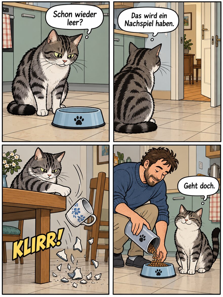 Comicseite mit vier Feldern: getigerte Katze vor leerem Napf, wirft eine Tasse vom Tisch, Mann füllt den Napf, von ChatGPT