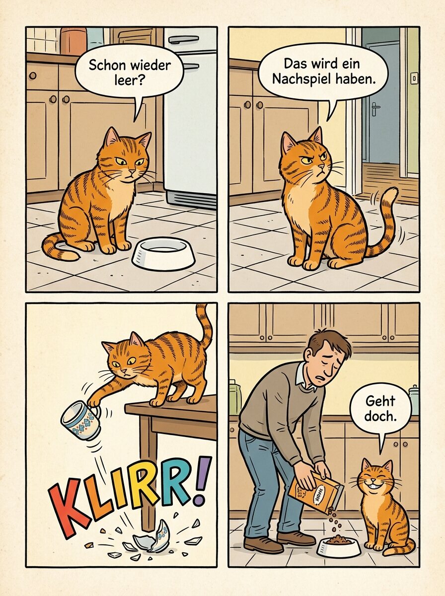 Comicseite mit vier Feldern: rote Katze vor leerem Napf, wirft eine Tasse vom Tisch, müder Mann füllt den Napf, von Gemini