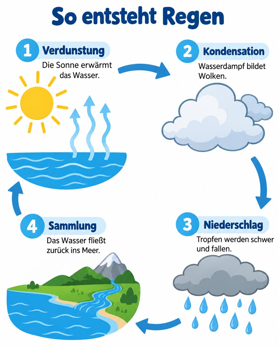 Erklärgrafik So entsteht Regen mit vier nummerierten Schritten im Uhrzeigersinn, von ChatGPT