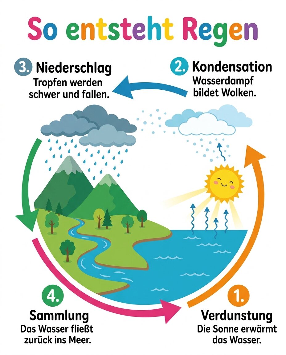 Bunte Erklärgrafik So entsteht Regen als Kreislauf um eine Landschaft mit Bergen und Meer, von Gemini
