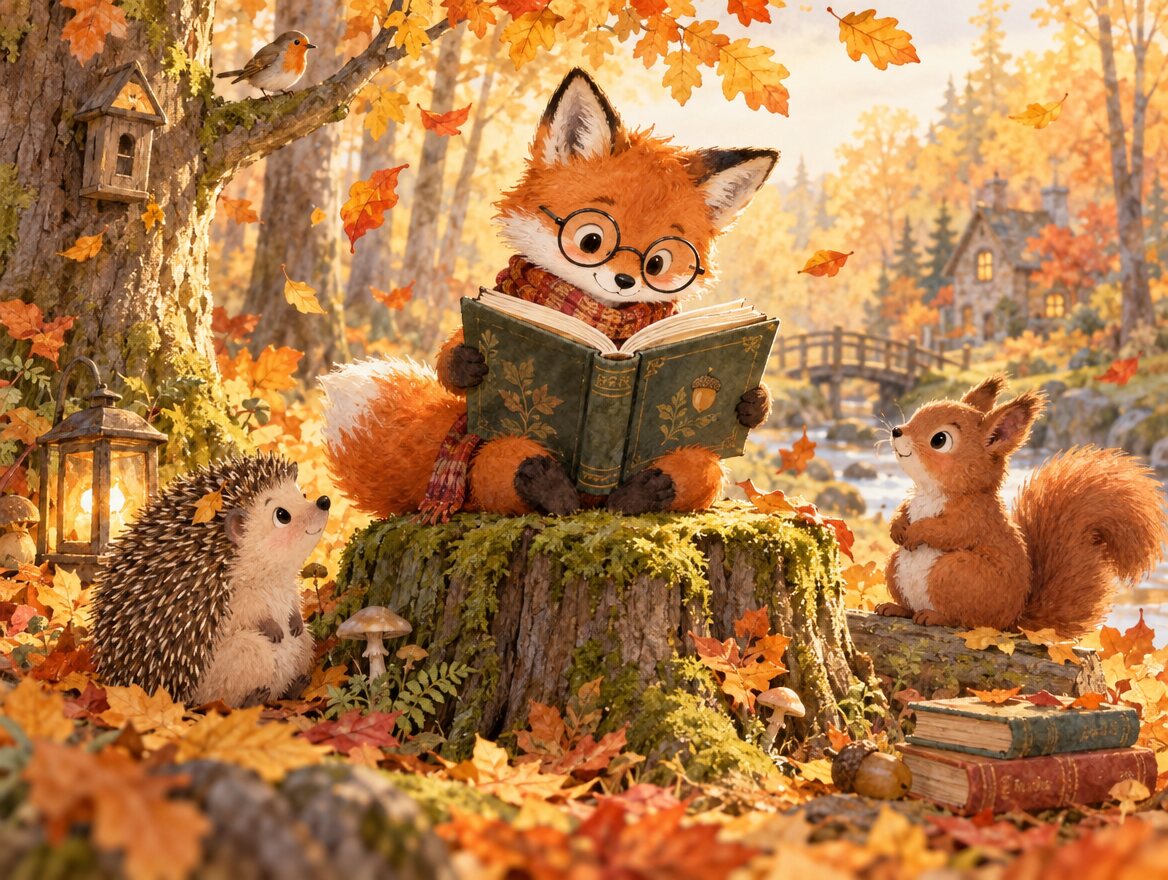 Fuchs mit runder Brille liest auf einem Baumstumpf im Herbstwald, Igel und Eichhörnchen hören zu, detailreich gemalt, von ChatGPT