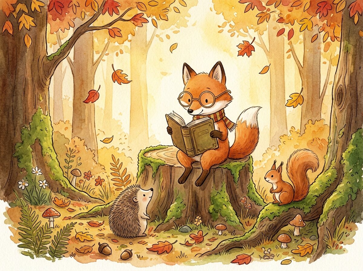 Fuchs mit runder Brille liest auf einem Baumstumpf im Herbstwald, Igel und Eichhörnchen hören zu, als Aquarell, von Gemini