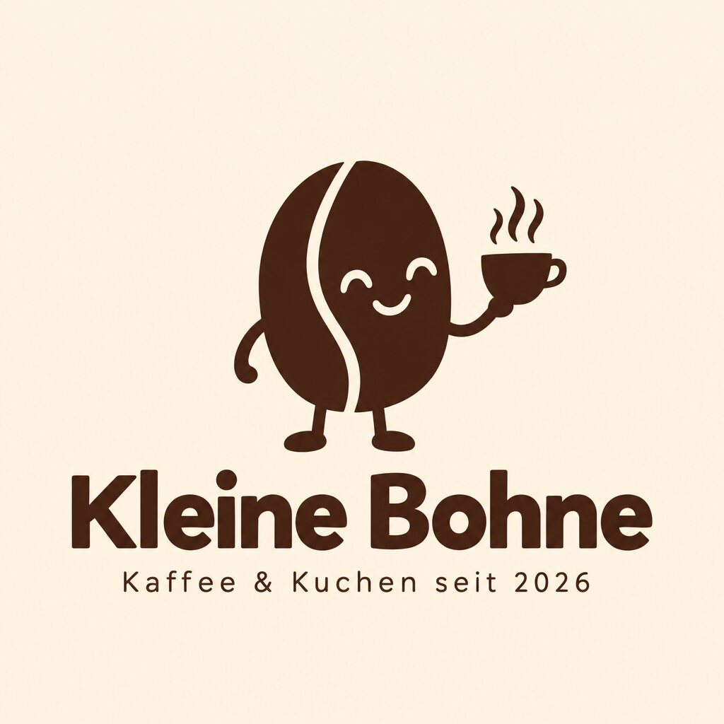 Logo Kleine Bohne: Kaffeebohne mit Gesicht, Armen, Beinen und Tasse, darunter der Schriftzug, von ChatGPT