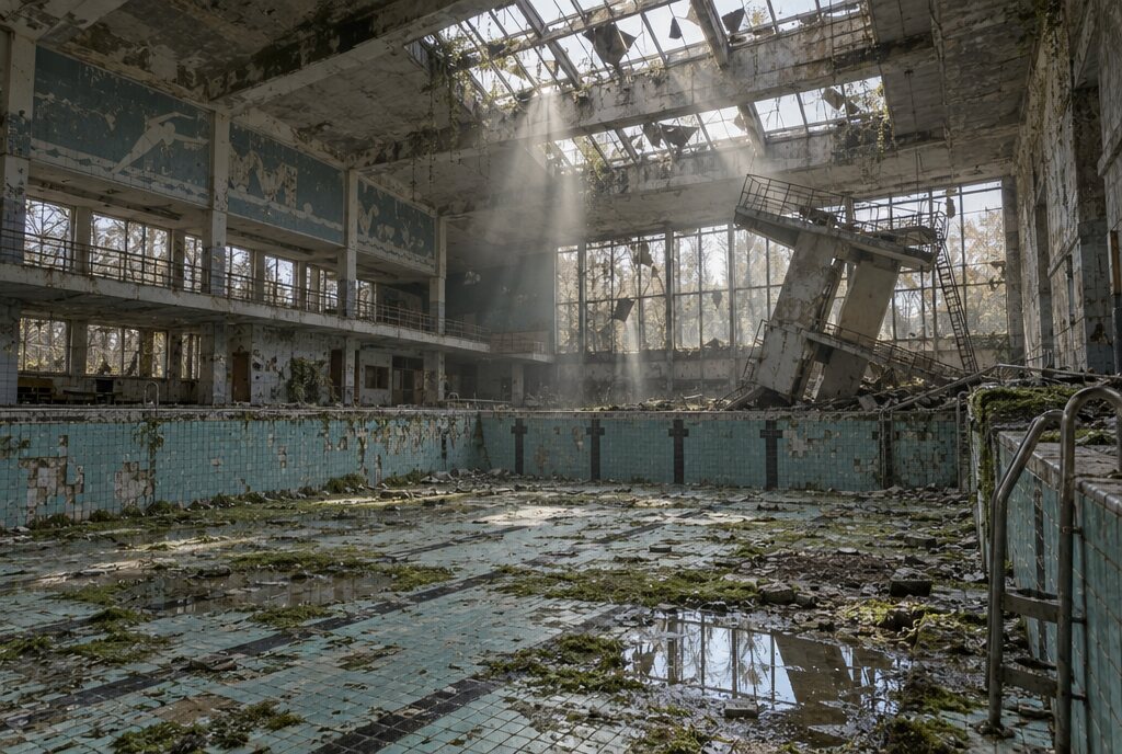 Verlassene Schwimmhalle mit umgekipptem Sprungturm, Pfützen und Lichtstrahlen durch zerbrochene Oberlichter, von ChatGPT