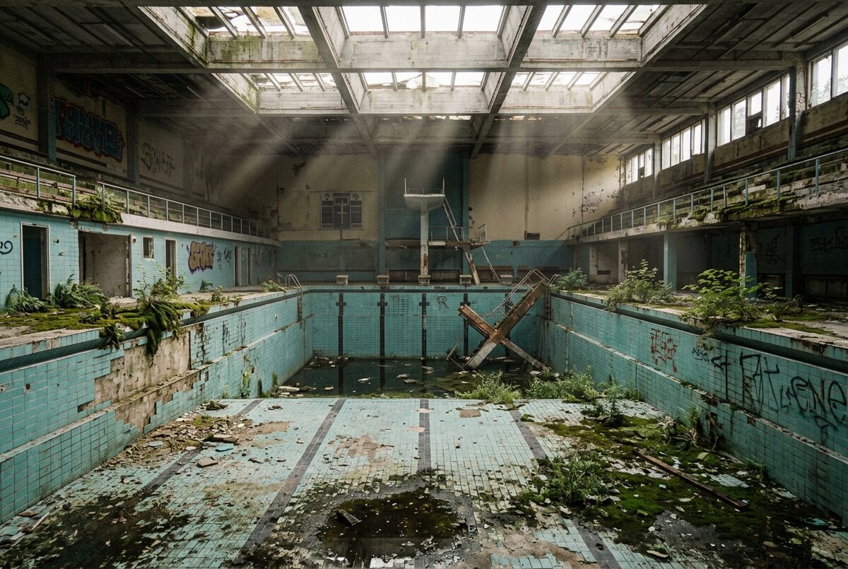 Verlassene Schwimmhalle mit leerem gefliestem Becken, Pflanzen, Graffiti und stehendem Sprungturm, von Gemini