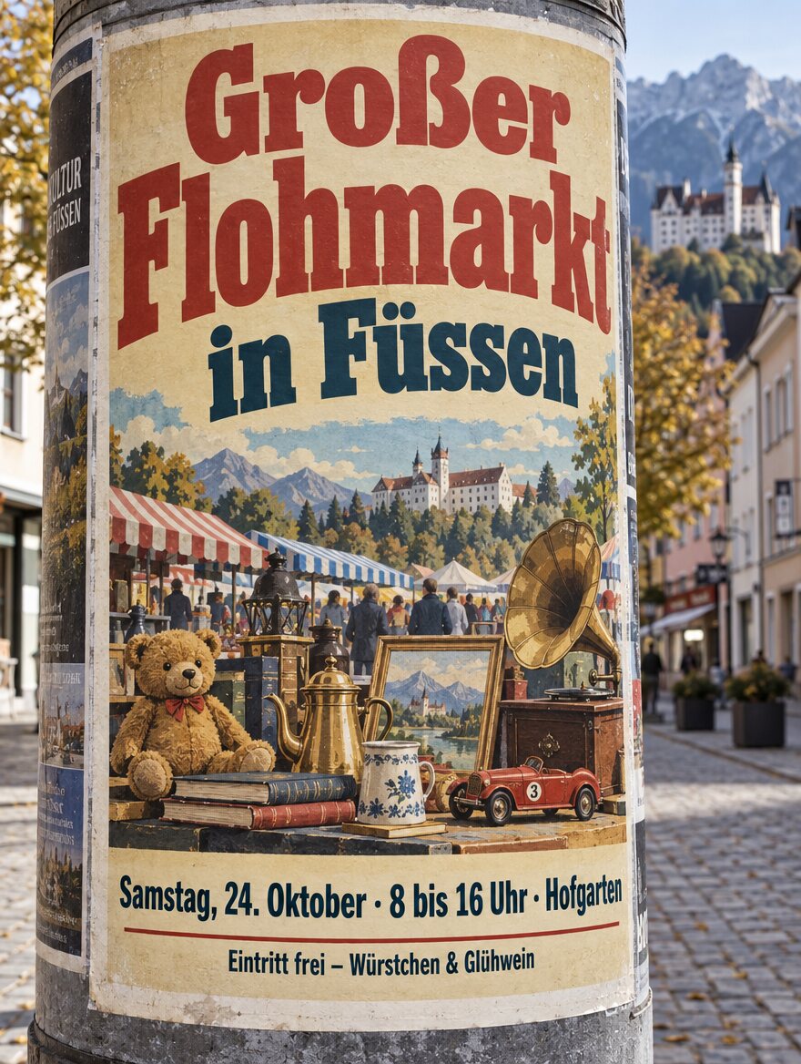 Retro-Plakat Großer Flohmarkt in Füssen an einer Litfaßsäule in einer Altstadtgasse, von ChatGPT