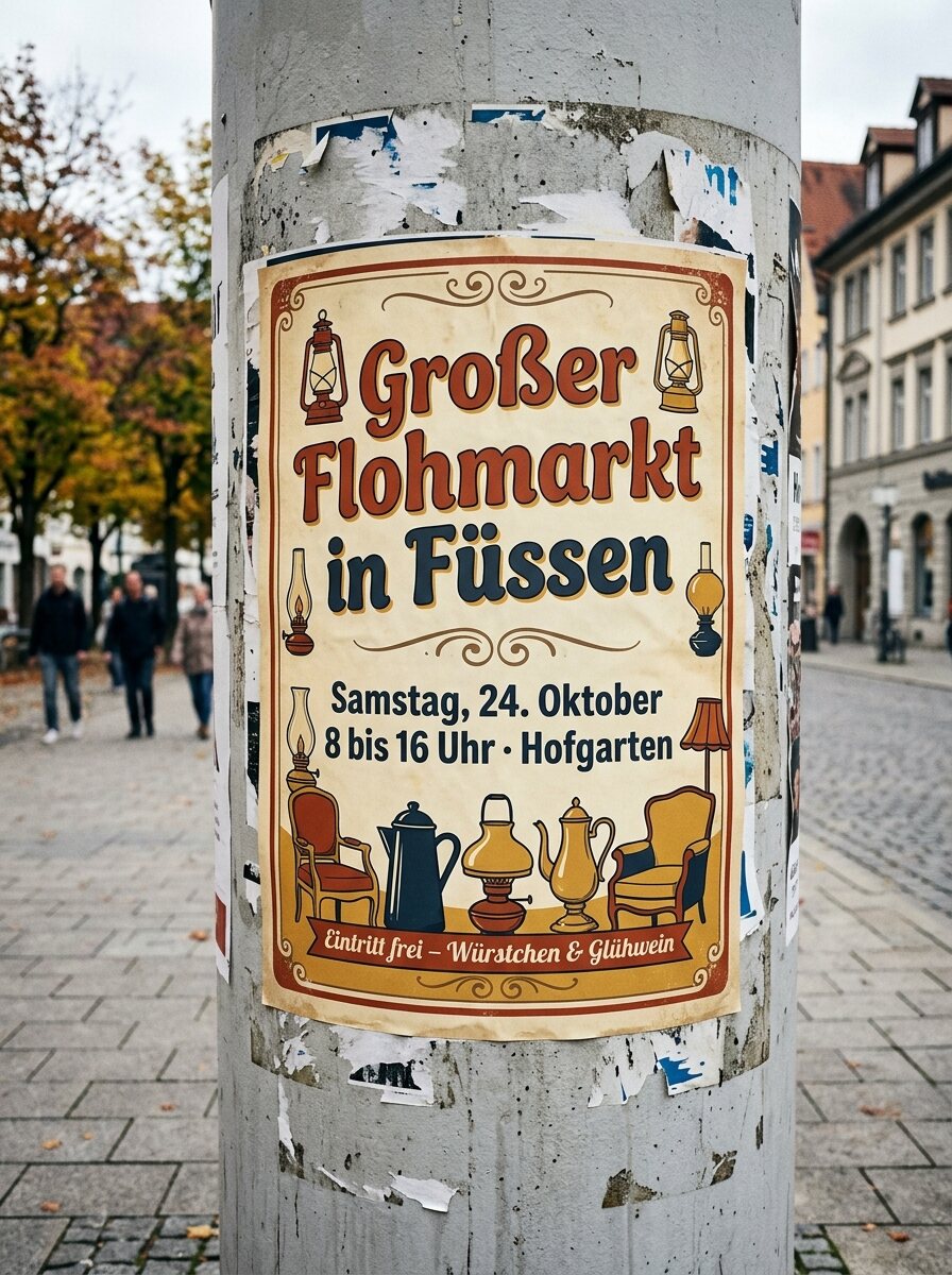 Retro-Plakat Großer Flohmarkt in Füssen an einer runden Säule mit abgerissenen Zetteln, von Gemini