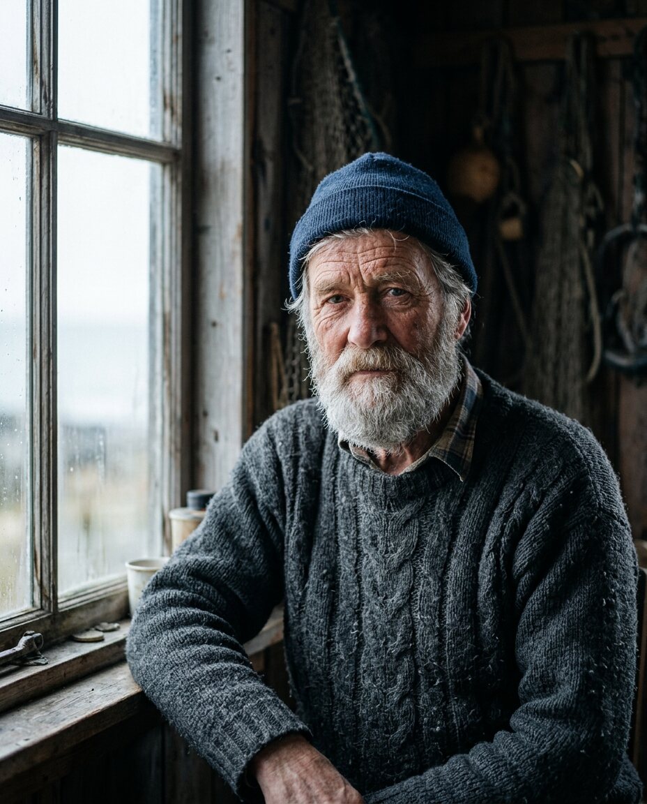 Fotorealistisches Porträt eines alten Fischers mit blauer Mütze am Fenster einer dunklen Hütte, von Gemini
