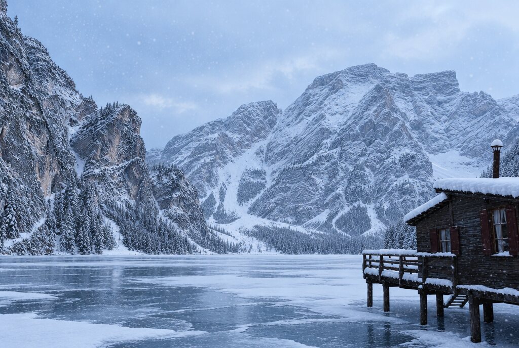 Pragser Wildsee mit Bootshaus als Winterbild mit zugefrorenem See und Schneefall, von ChatGPT aus dem Originalfoto