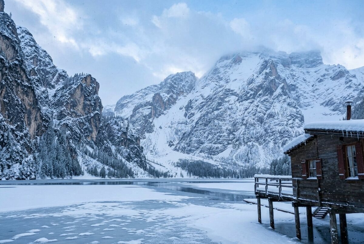 Pragser Wildsee mit Bootshaus als Winterbild mit Schnee auf dem Eis und Wolken am Gipfel, von Gemini aus dem Originalfoto
