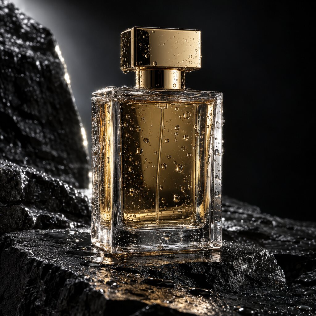 Eckige Parfümflasche mit goldenem Verschluss auf nassem schwarzem Stein, Streiflicht von hinten links, von ChatGPT