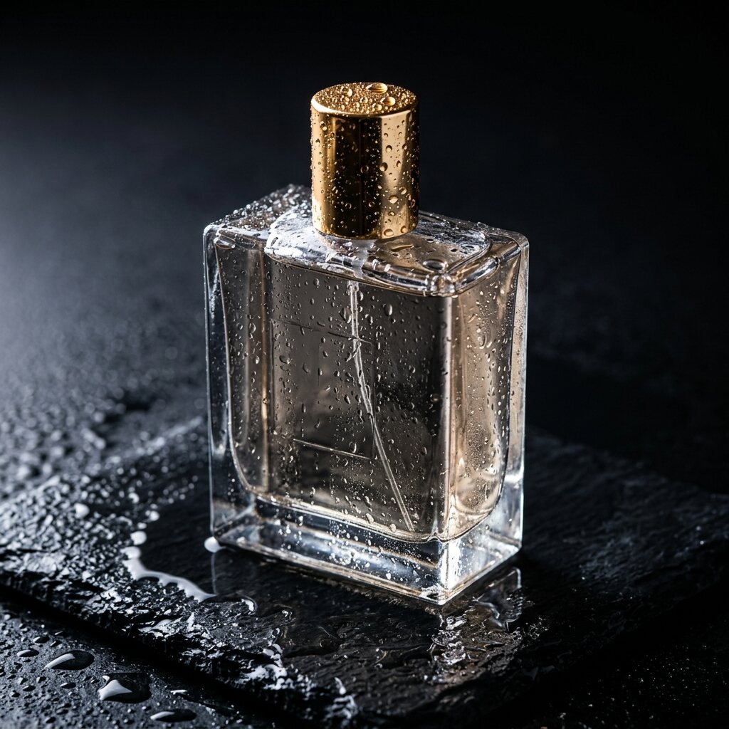 Parfümflasche aus Klarglas mit goldenem Verschluss auf nasser schwarzer Schieferplatte, von Gemini
