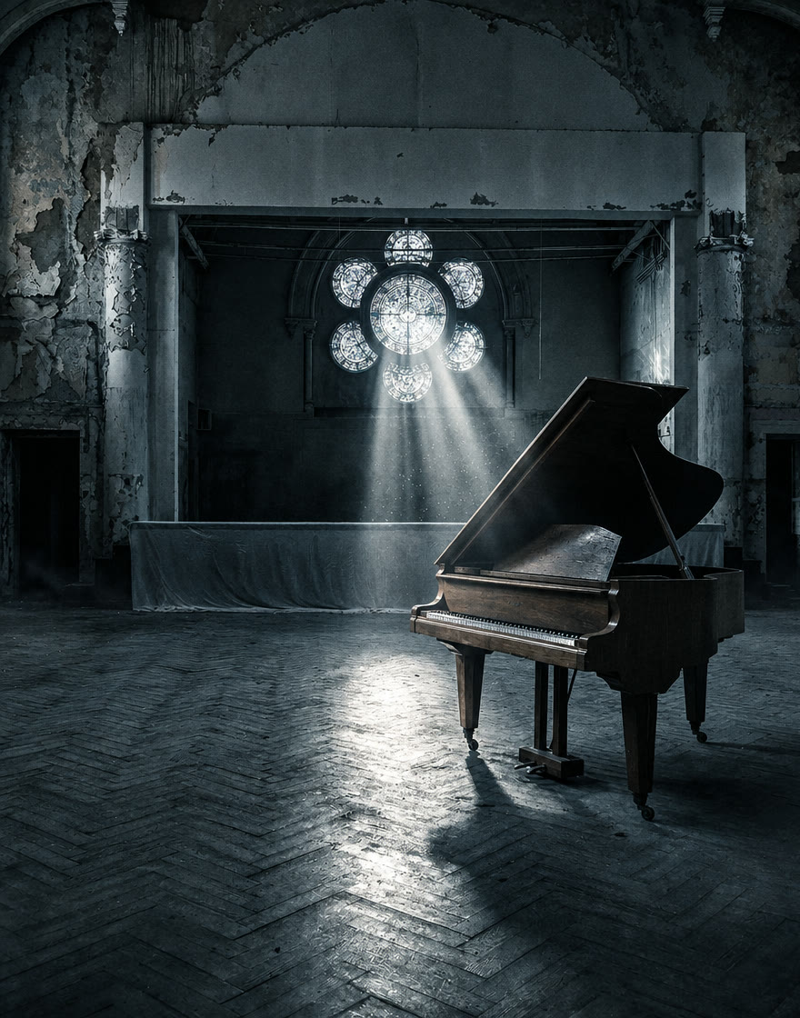Konzertsaal mit Flügel im Look Bleach Bypass