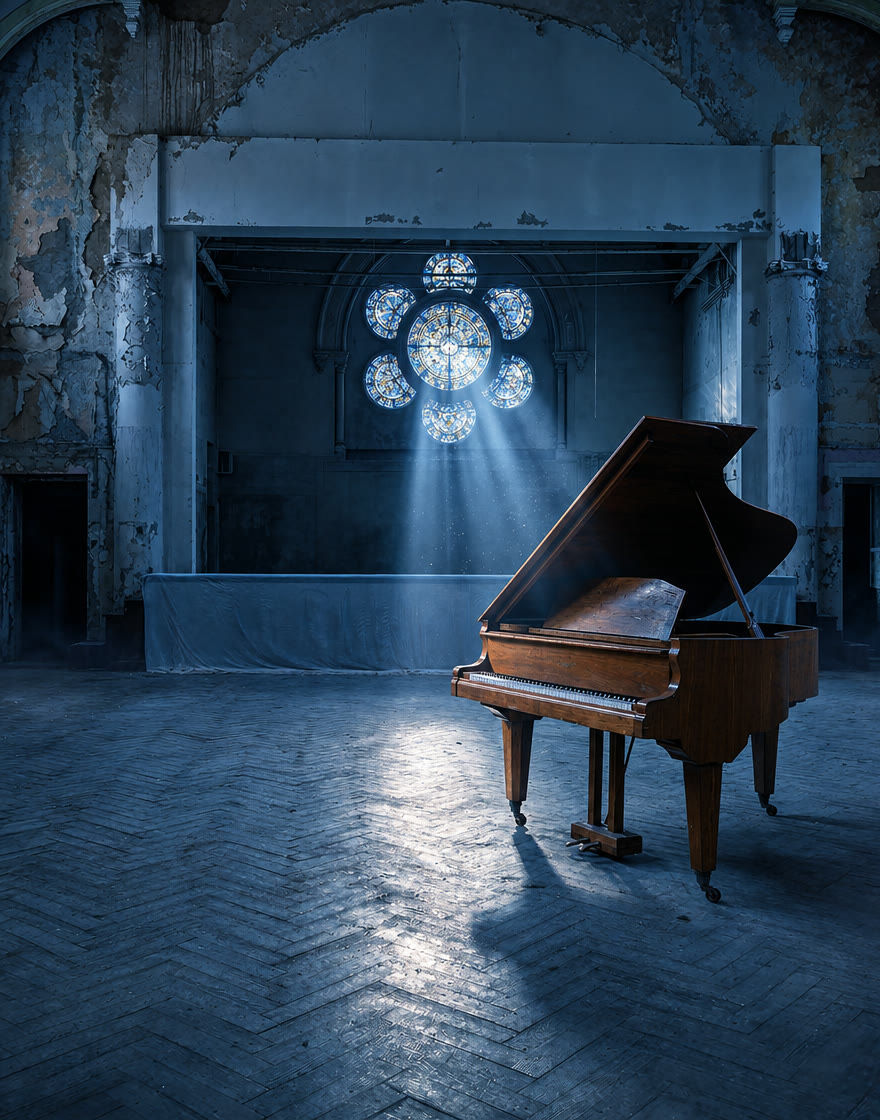 Konzertsaal mit Flügel im Look Blaue Stunde nachträglich