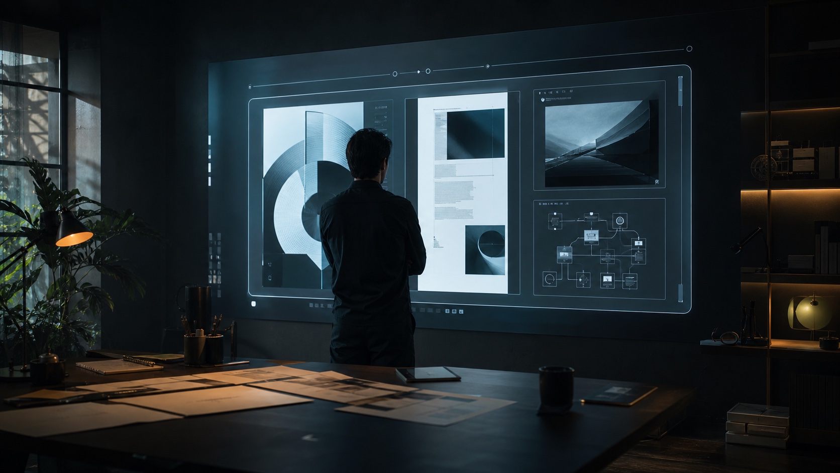 Designer prüft auf einer großen digitalen Arbeitsfläche verschiedene visuelle Entwürfe