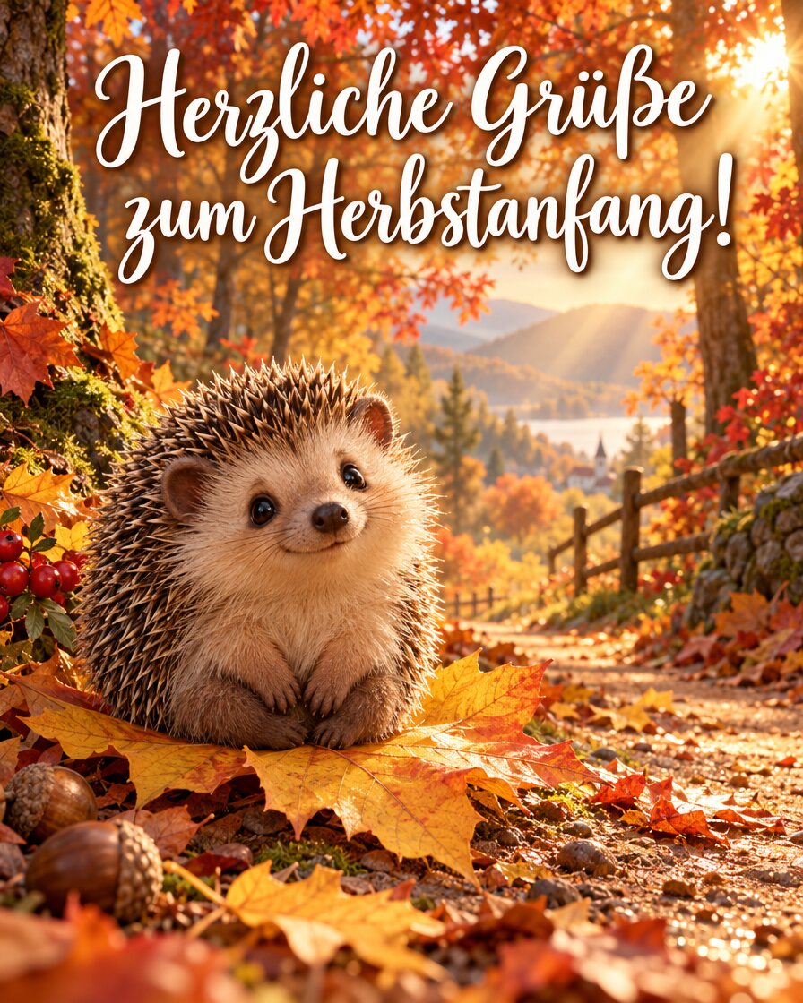 Kleiner Igel sitzt auf einem gelben Ahornblatt im sonnigen Herbstwald, darüber der Schriftzug Herzliche Grüße zum Herbstanfang