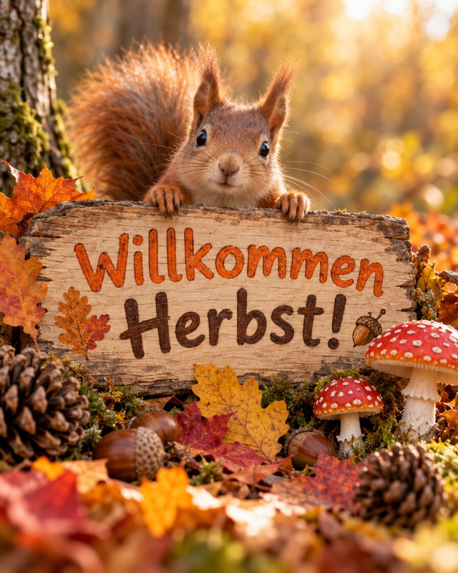 Rotes Eichhörnchen schaut über ein Holzschild mit der Aufschrift Willkommen Herbst, davor Fliegenpilze, Eicheln und Tannenzapfen
